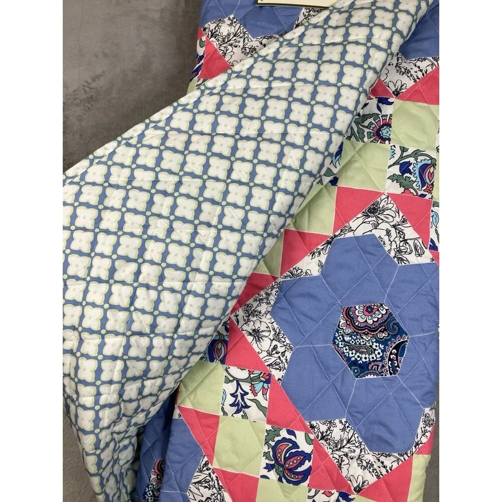 Vera Bradley Full Queen Quilt Set 3 Piece Reversible Floral Patchwork Blue Green